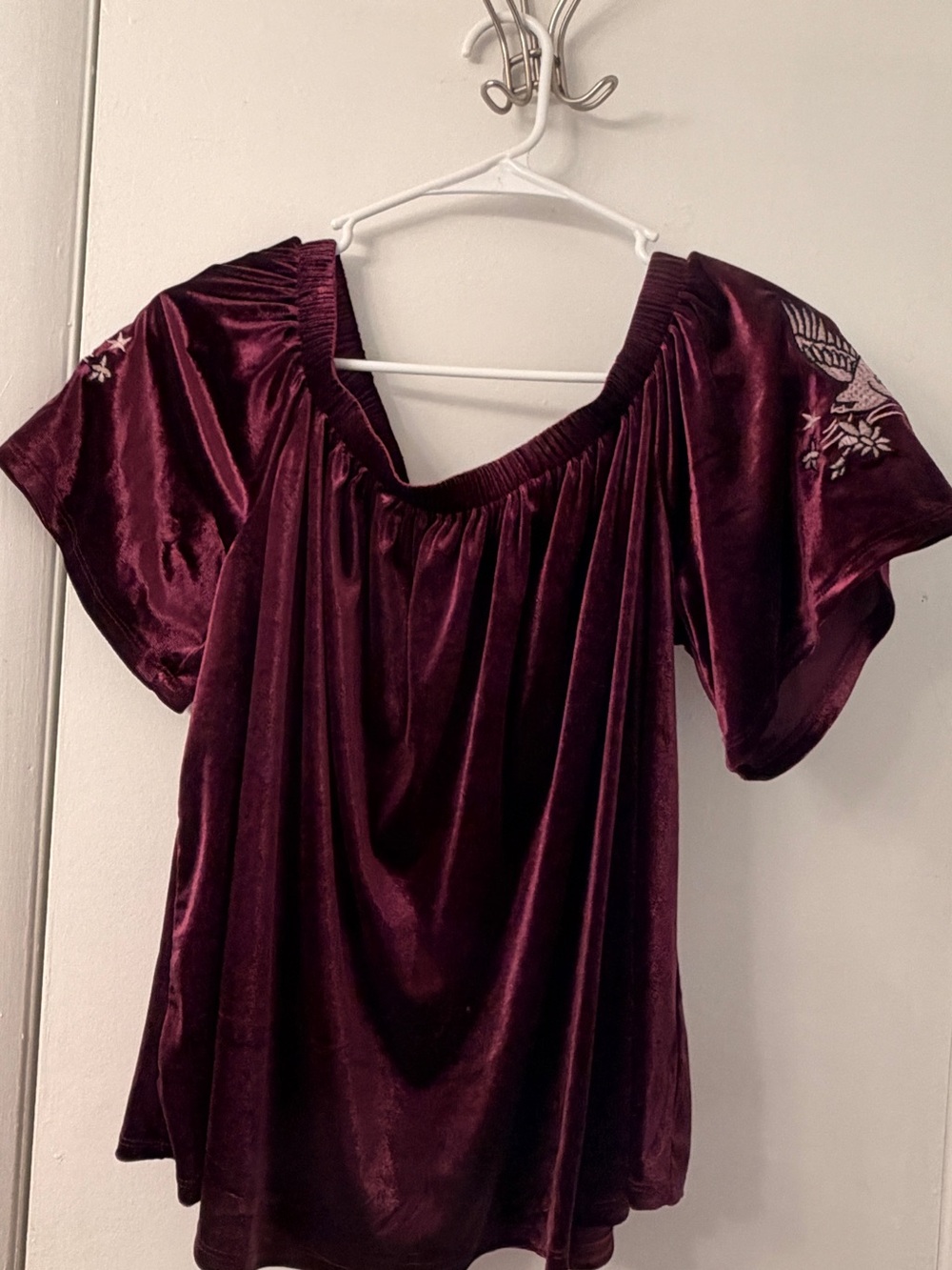 Xhilaration Burgundy / Plum Velvet Off-Shoulder Embroidered Peasant Top Size L